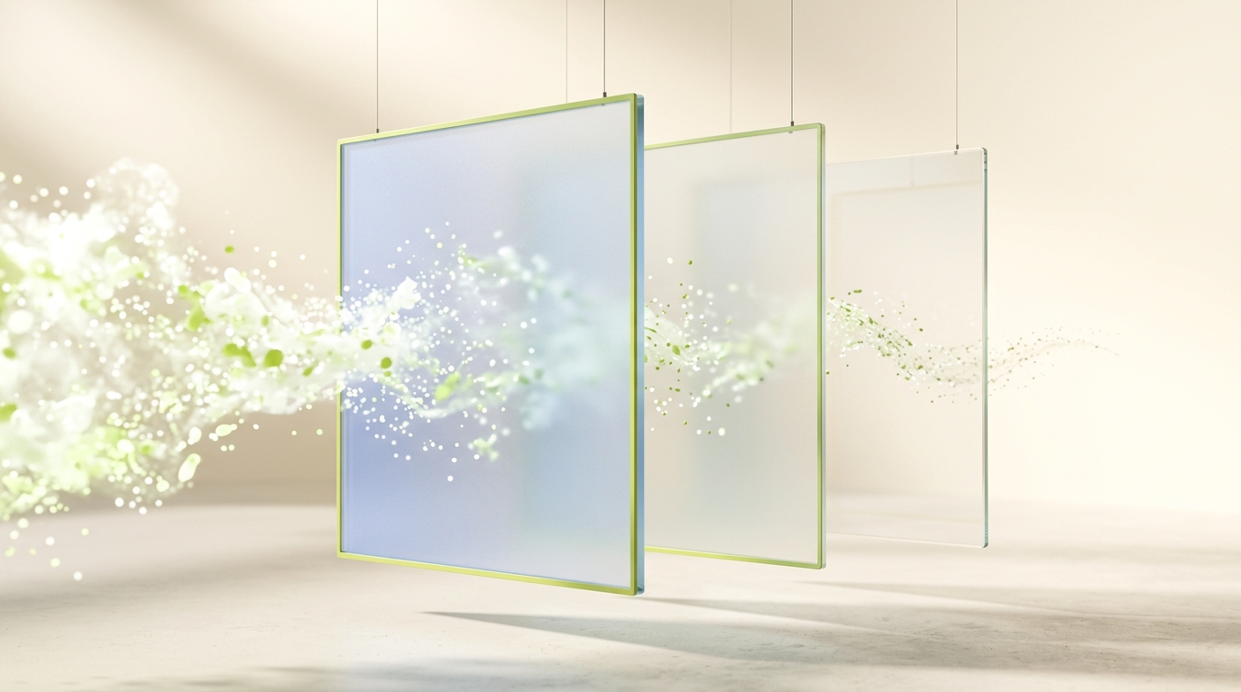 Three frosted-glass panels filtering a stream of particles, a visual metaphor for the 3-layer AI visibility audit
