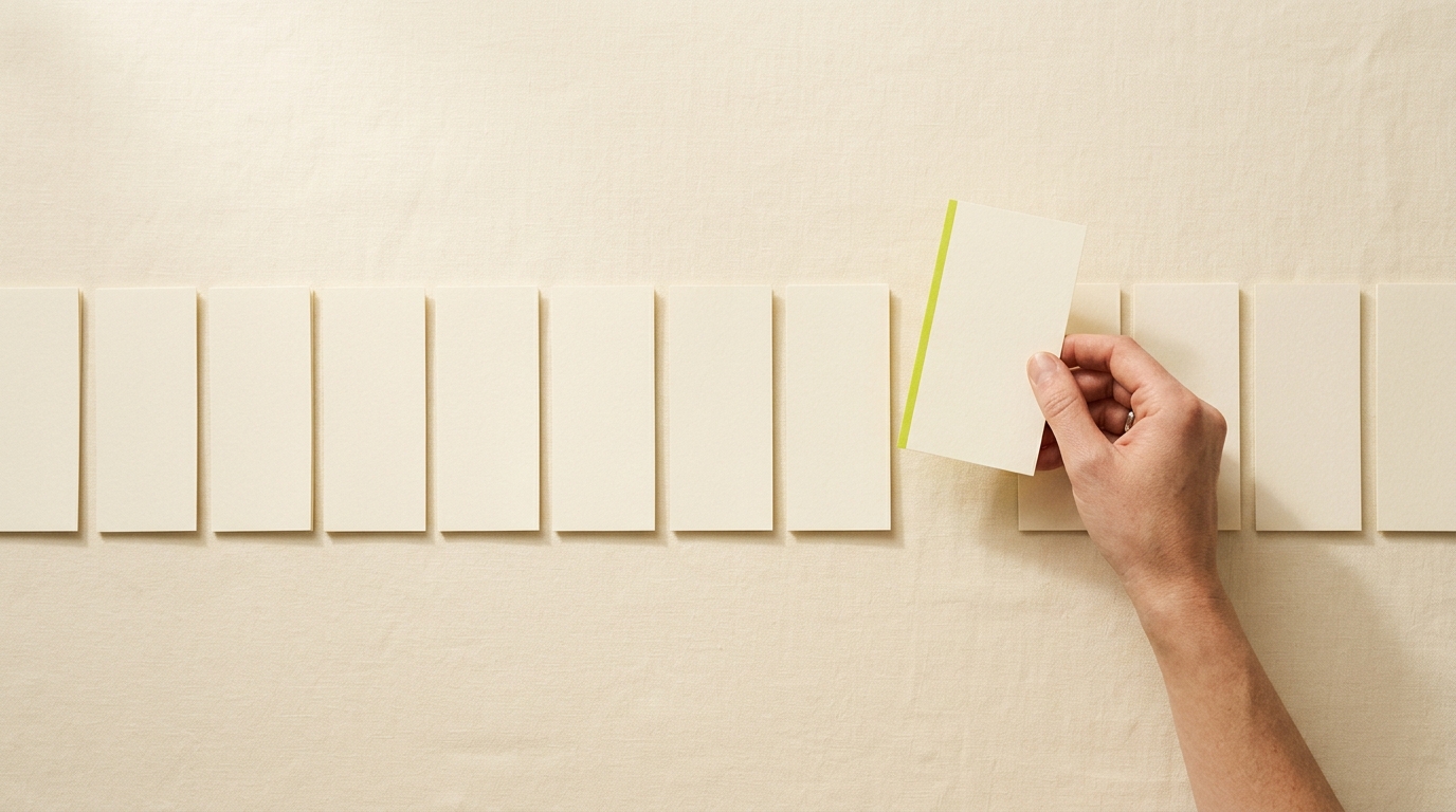 A hand selecting one card from a row of cream cards on a linen surface, representing principled prompt selection