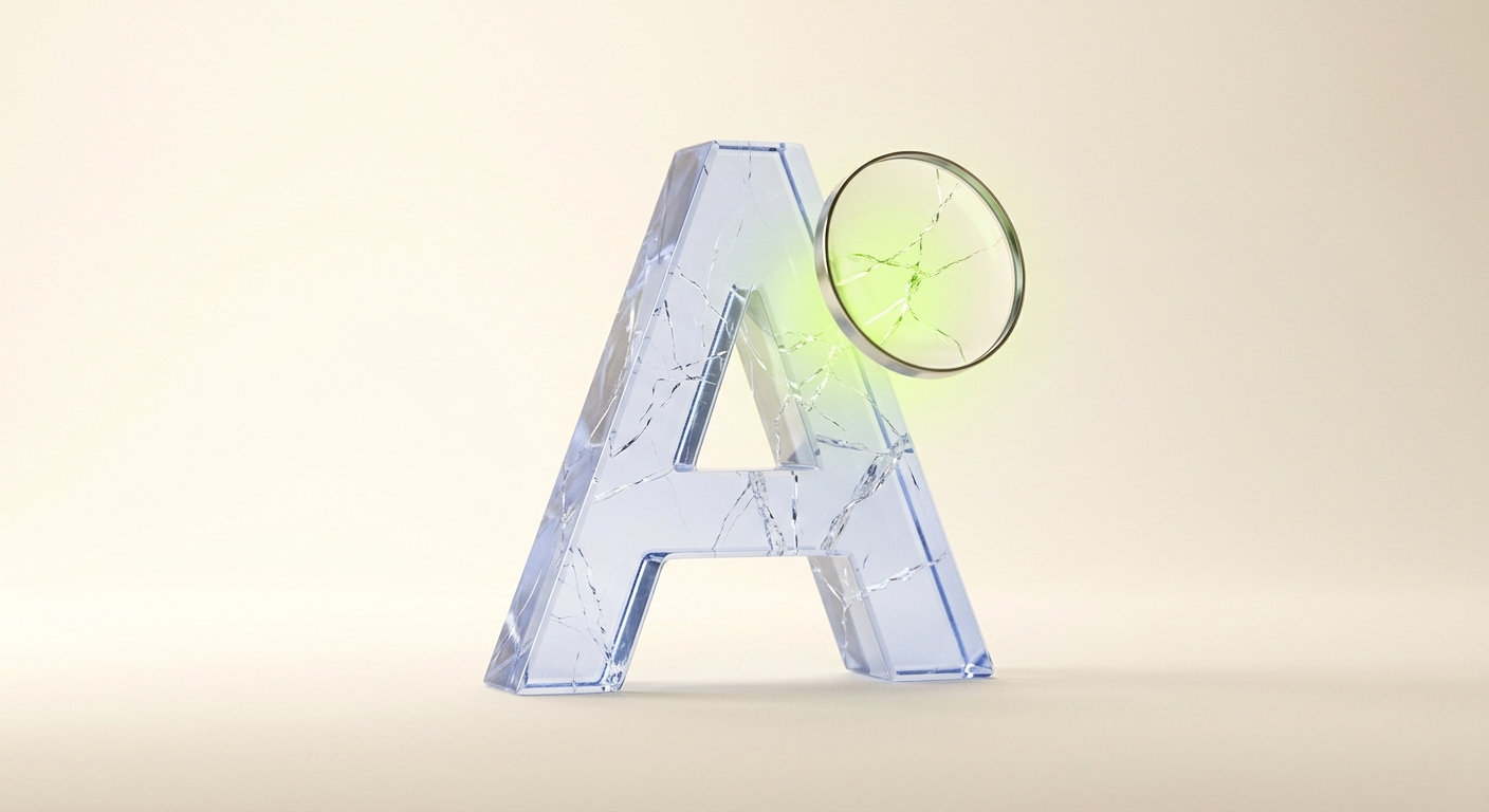 A cracked crystal letter A floating above a cream backdrop with a magnifying glass, representing AI visibility failure modes under audit