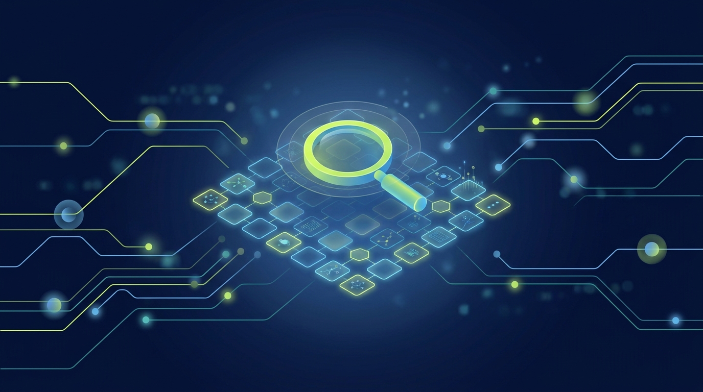 Abstract illustration of a glowing magnifying lens over a grid of tiles, representing a systematic AI visibility audit across platforms