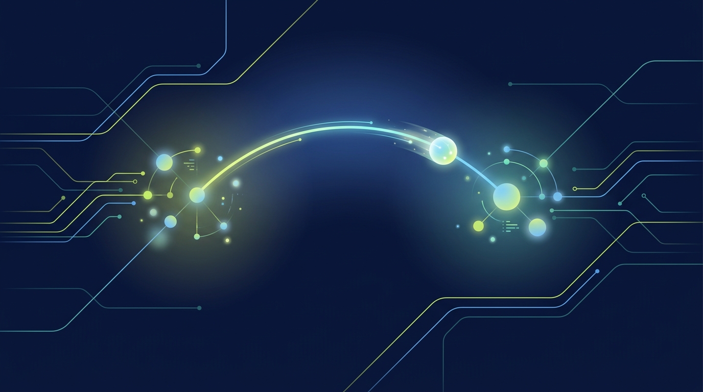 Abstract illustration of a glowing bridge of light connecting two clusters with one orb crossing over, representing a brand bridging into an adjacent category