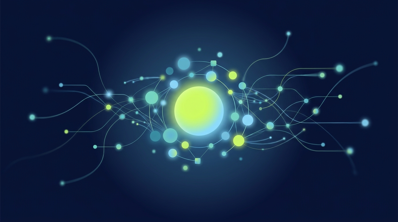 Abstract illustration of a bright central orb surrounded by a constellation of smaller connected nodes, representing the prototype brand at the center of a category