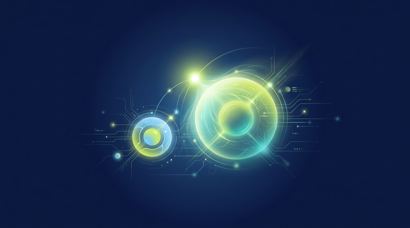 Abstract illustration of a large glowing orb eclipsing a smaller identical one, representing a brand's name dominated by a bigger namesake