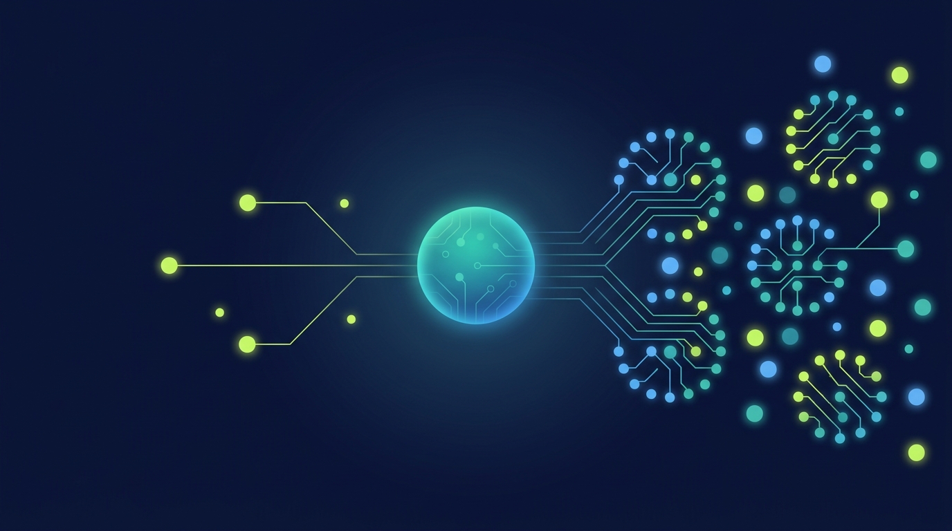 Abstract illustration of a brand orb between a sparse and a dense field of glowing dots, representing the gap between a brand's own presence and dense third-party coverage