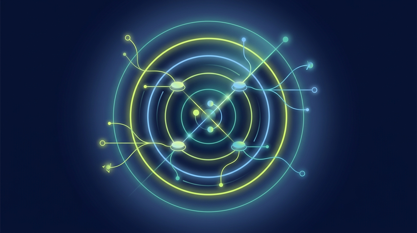 Abstract illustration of a glowing radar with concentric rings and connected platform nodes, representing tracking brand mentions across AI platforms
