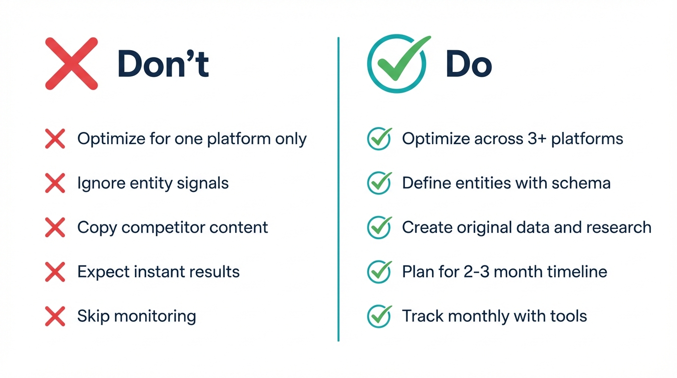 AI search optimization dos and don'ts: optimize across platforms, define entities, create original content, plan for months, track monthly