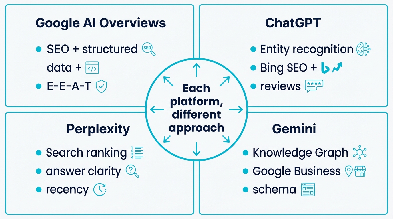 Platform-specific AI search optimization: different approaches for Google AI Overviews, ChatGPT, Perplexity, and Gemini