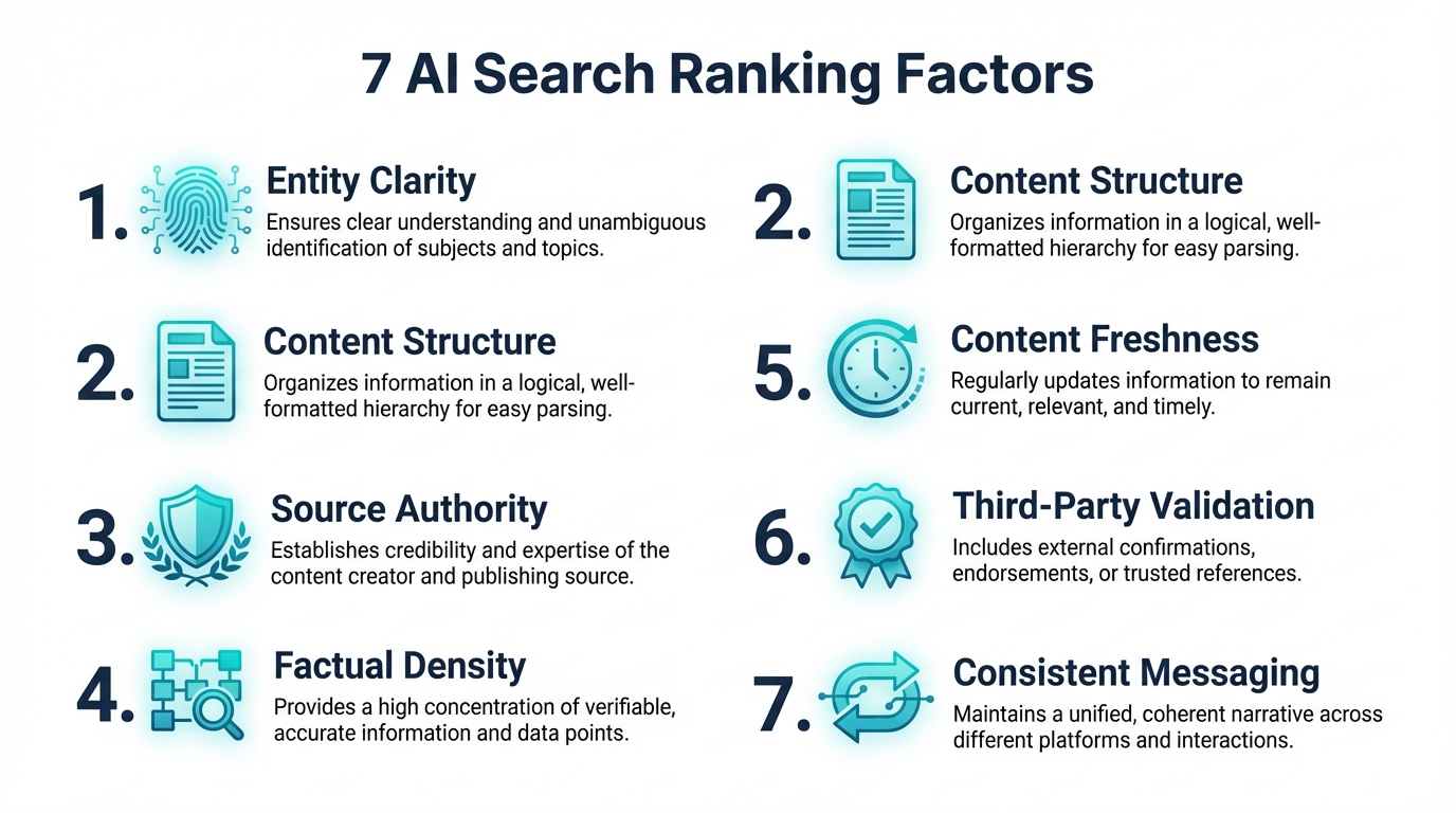 Seven AI search ranking factors: entity clarity, content structure, source authority, factual density, freshness, validation, consistency