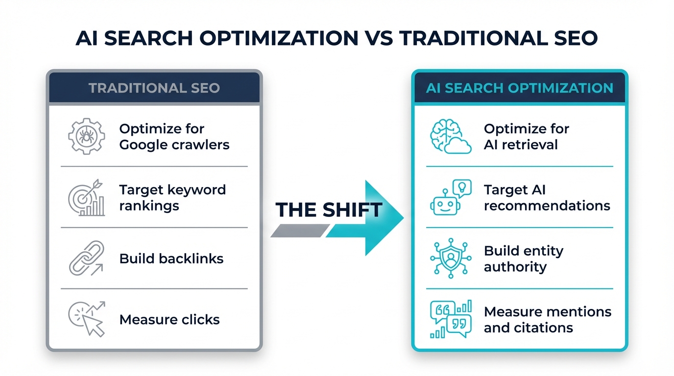 AI search optimization vs traditional SEO: from keyword rankings and clicks to AI recommendations and citations