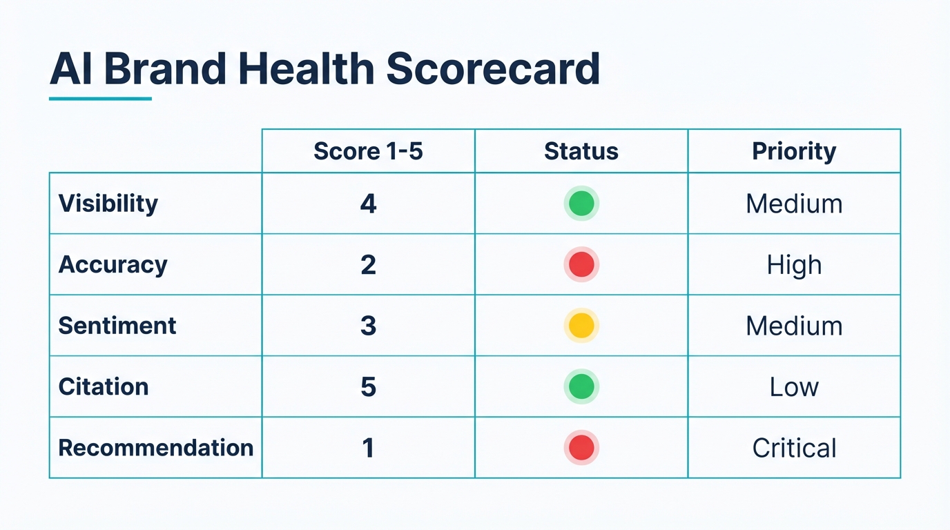AI brand health scorecard template with five dimensions rated 1-5