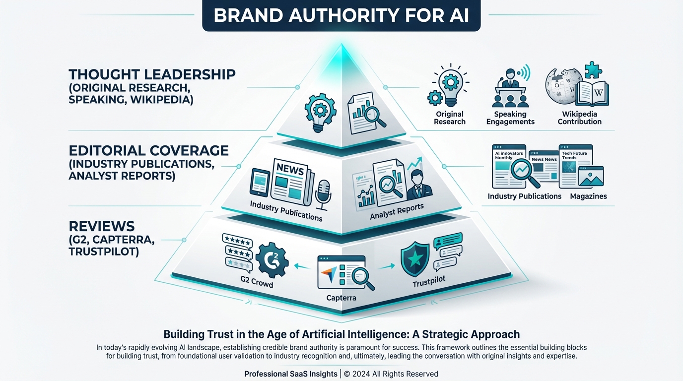 Brand authority pyramid for AI: reviews at the base, editorial coverage in the middle, thought leadership at the top