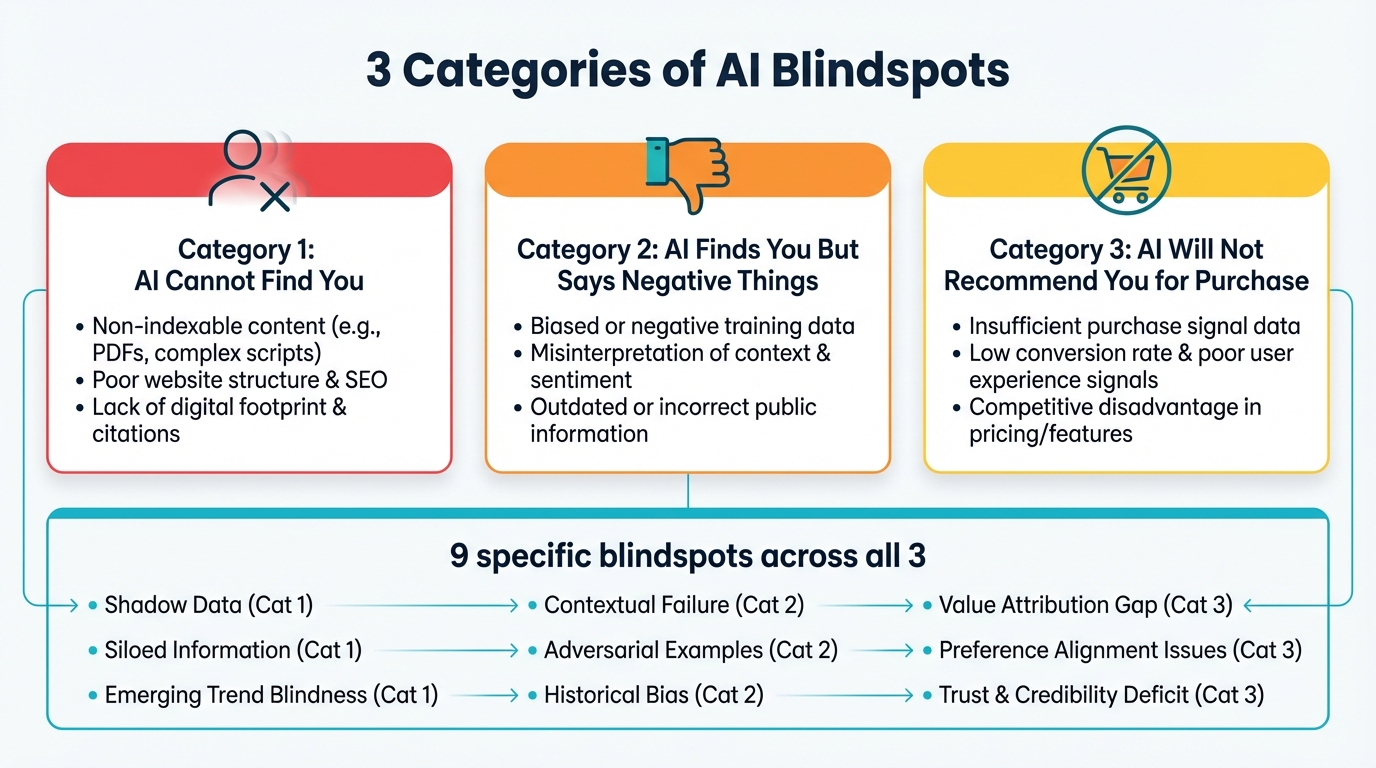 Three categories of AI blindspots: invisible, negative framing, and no purchase recommendation