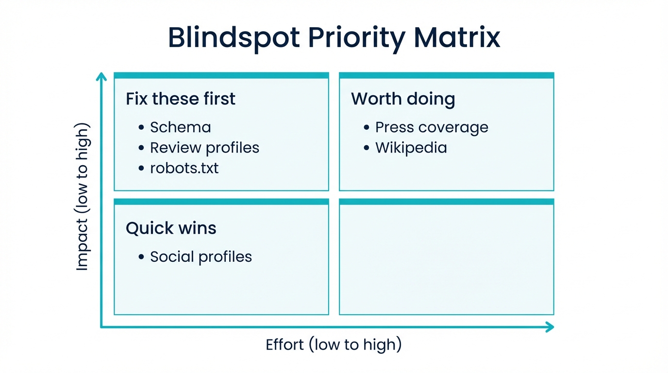 Blindspot priority matrix: fix schema and review profiles first for highest impact with lowest effort