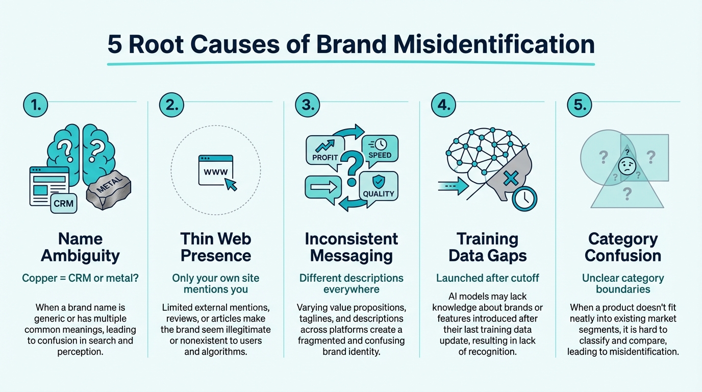 Five root causes of AI brand misidentification: name ambiguity, thin presence, inconsistent messaging, training gaps, category confusion
