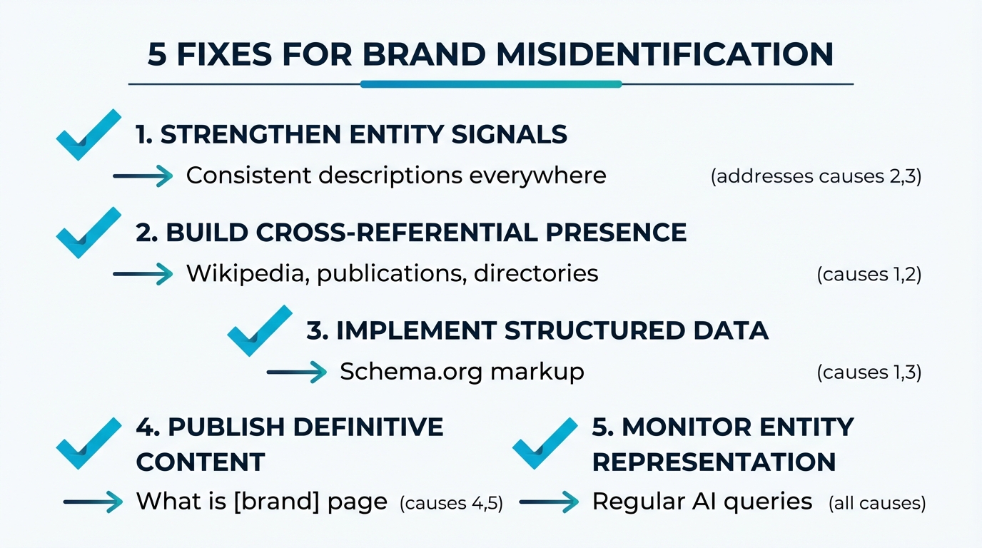 Five fixes for brand misidentification: entity signals, cross-referential presence, structured data, definitive content, and monitoring