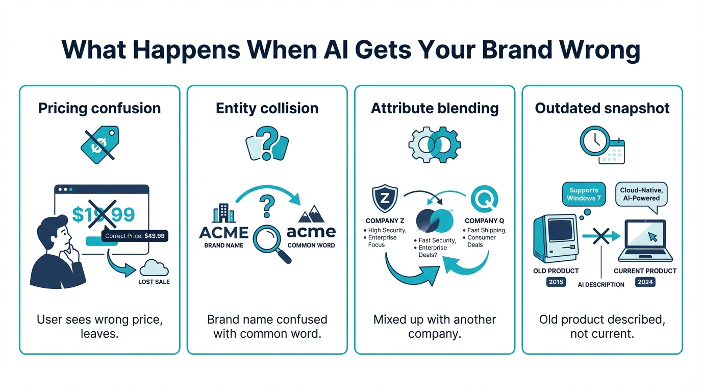 Four scenarios when AI gets brands wrong: pricing confusion, entity collision, attribute blending, and outdated snapshots