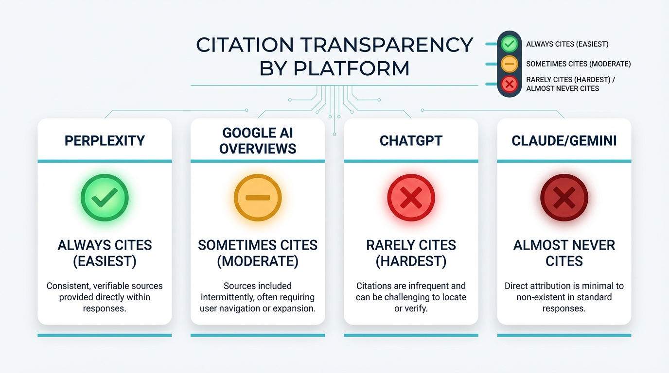 Citation transparency by AI platform: Perplexity always cites, ChatGPT rarely does