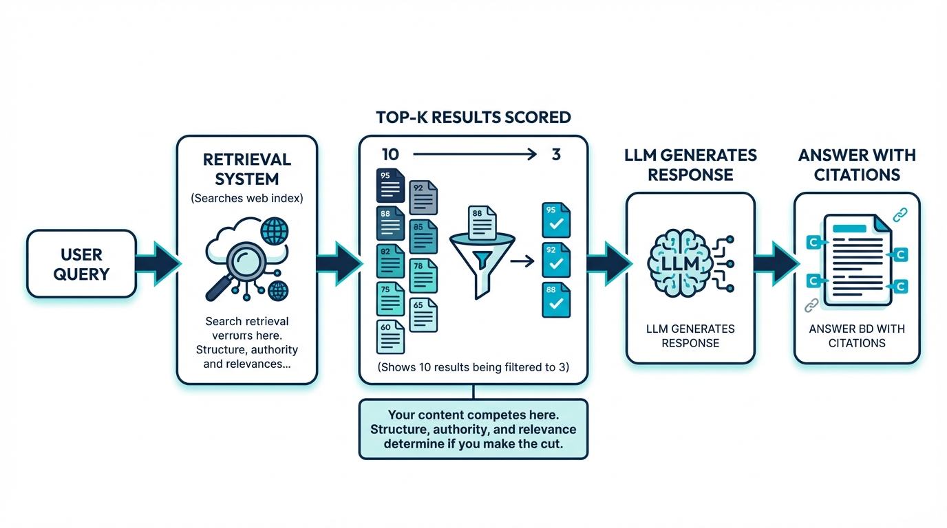 How the RAG pipeline works: user query triggers retrieval, top results are scored, and the LLM generates a response citing the best sources