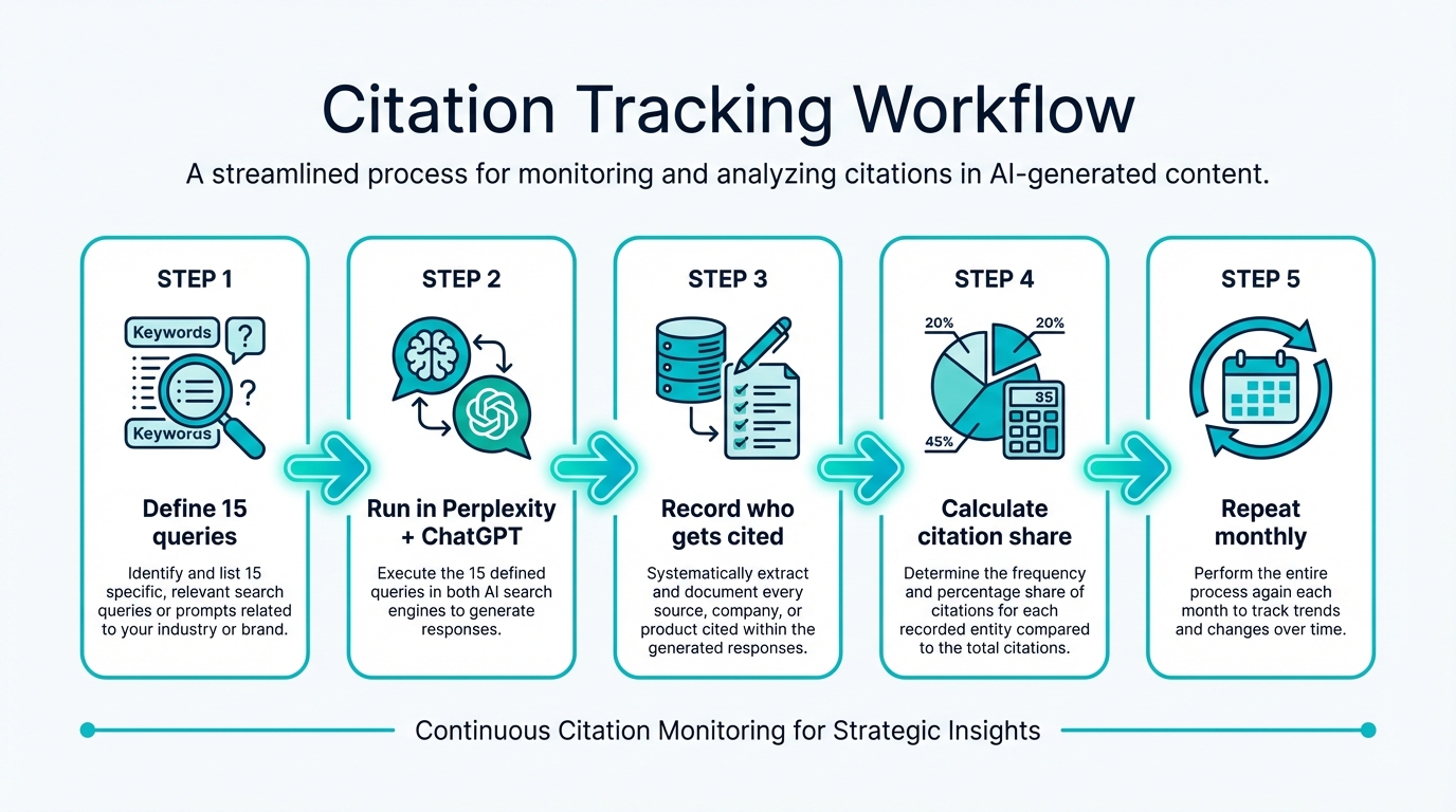 Five-step citation tracking workflow from query definition to monthly repetition