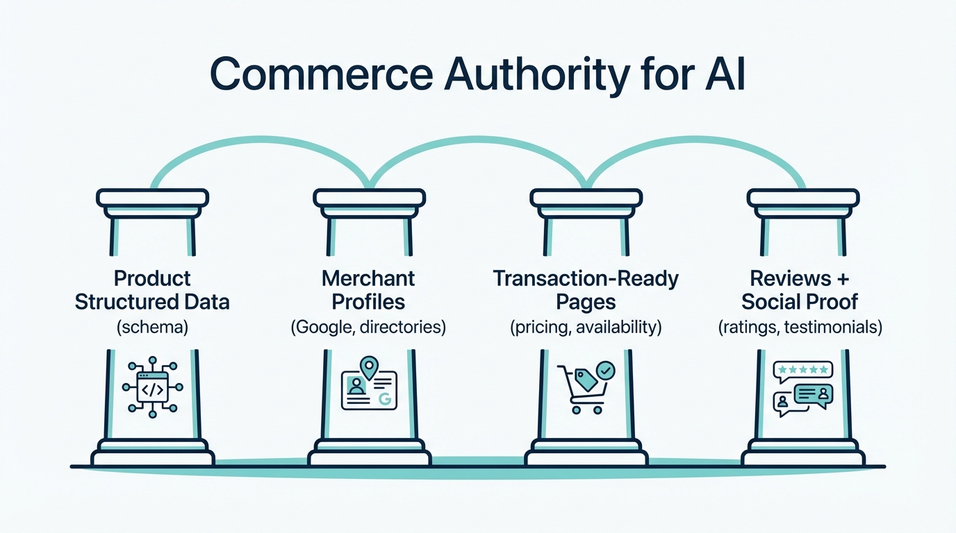 Four pillars of commerce authority for AI: structured data, merchant profiles, transaction pages, social proof