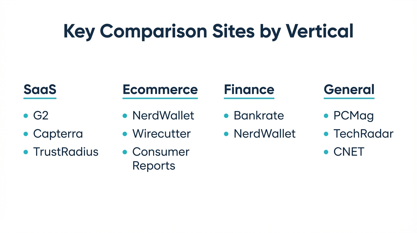 Key comparison sites by vertical: SaaS, ecommerce, finance, and general