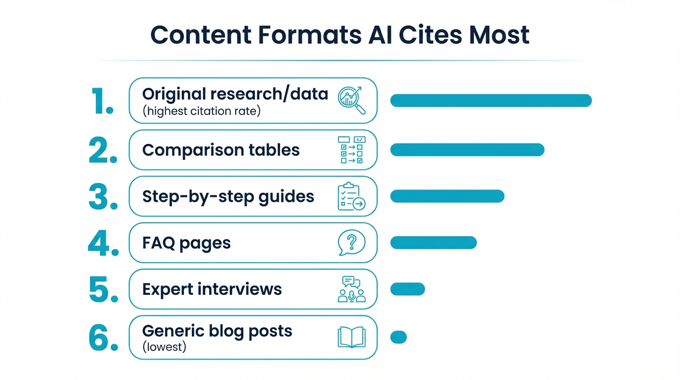 Content formats ranked by AI citation rate: original research highest, generic blogs lowest
