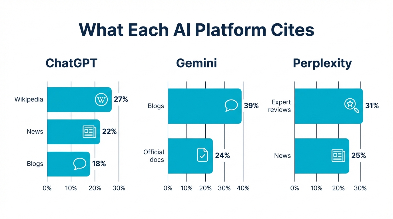 Content types each AI platform prefers to cite: ChatGPT favors Wikipedia, Gemini blogs, Perplexity expert reviews
