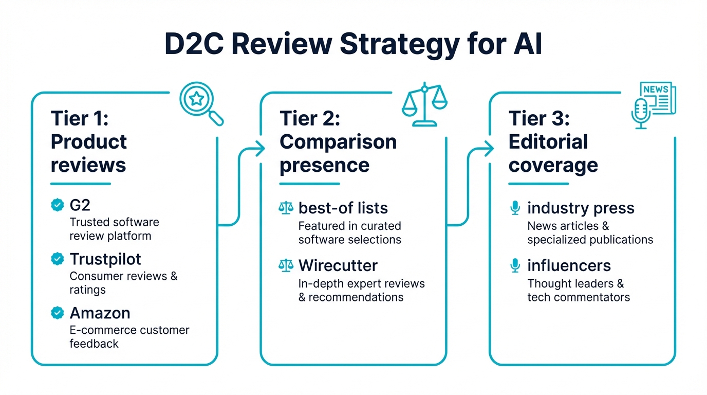 D2C review strategy for AI visibility: product reviews, comparison presence, editorial coverage