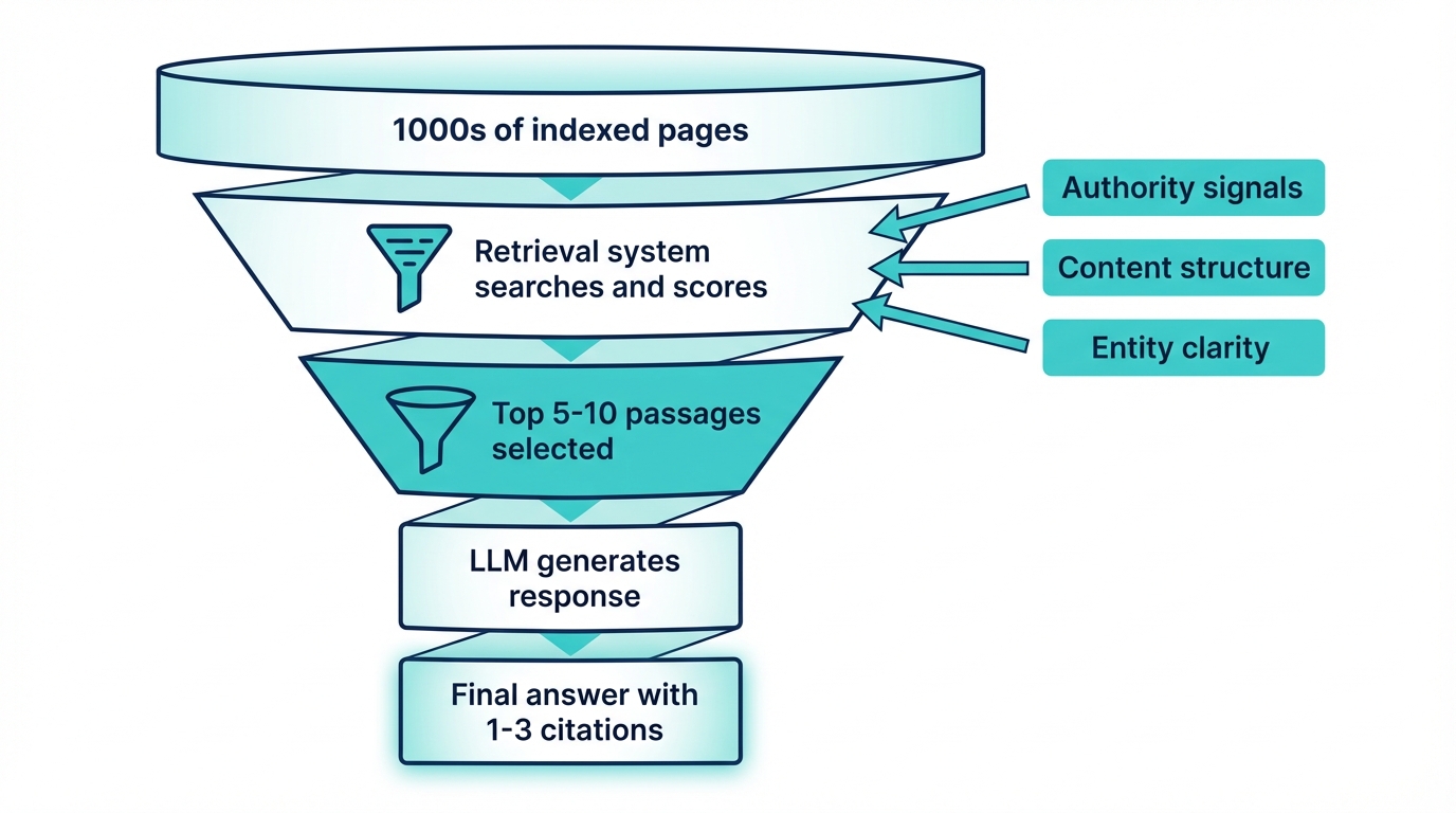 How generative engines filter thousands of pages down to a few citations through authority, structure, and entity signals