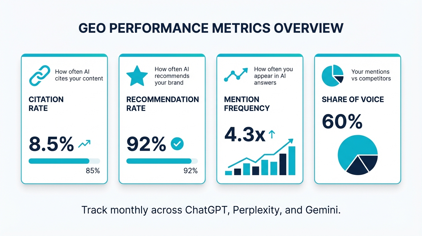 Four key GEO performance metrics: citation rate, recommendation rate, mention frequency, and share of voice