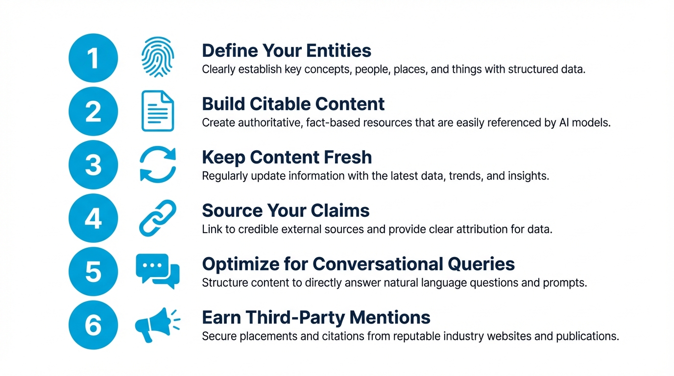 Six steps to optimize for generative AI: entity definition, citable content, freshness, sourcing, conversational optimization, and third-party mentions