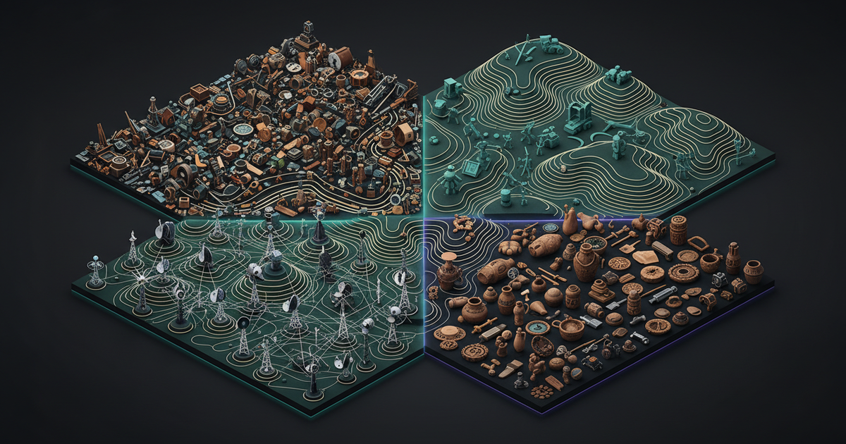 Four-quadrant abstract topographic map showing the four categories of AI visibility tools compared in this 2026 guide