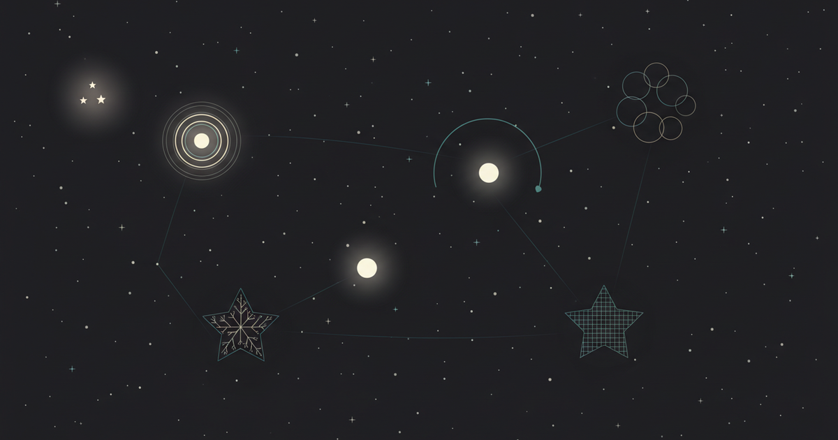 Constellation of six platform stars representing the best GEO tools for 2026 across the broader generative engine optimization landscape