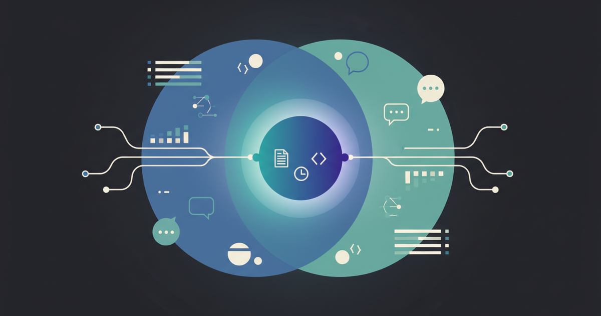 Two interlocking gears representing SEO and AEO sharing a central content engine, illustrating how the two disciplines work together