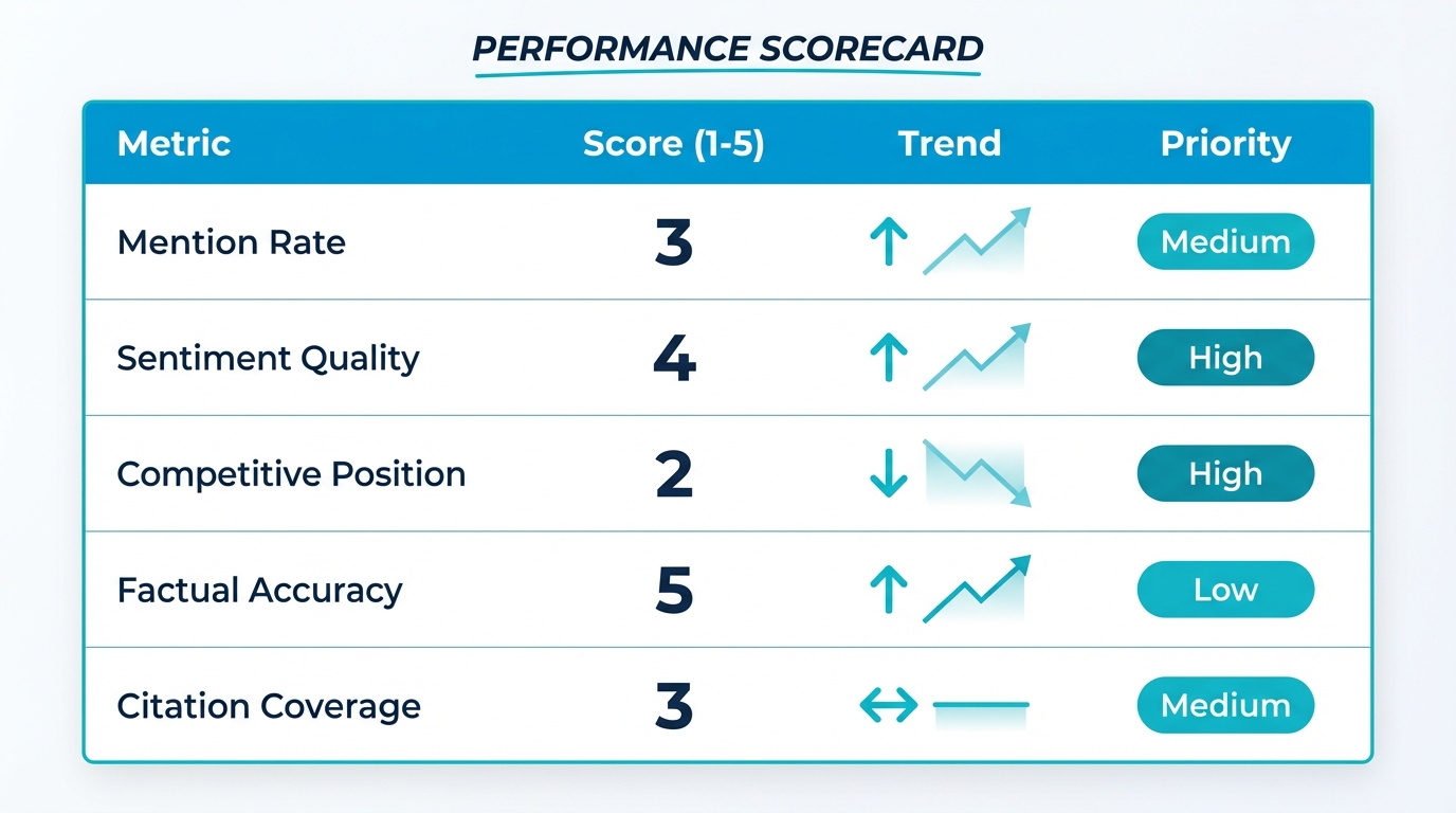 AI brand monitoring scorecard template with 5 dimensions rated on a 1-5 scale