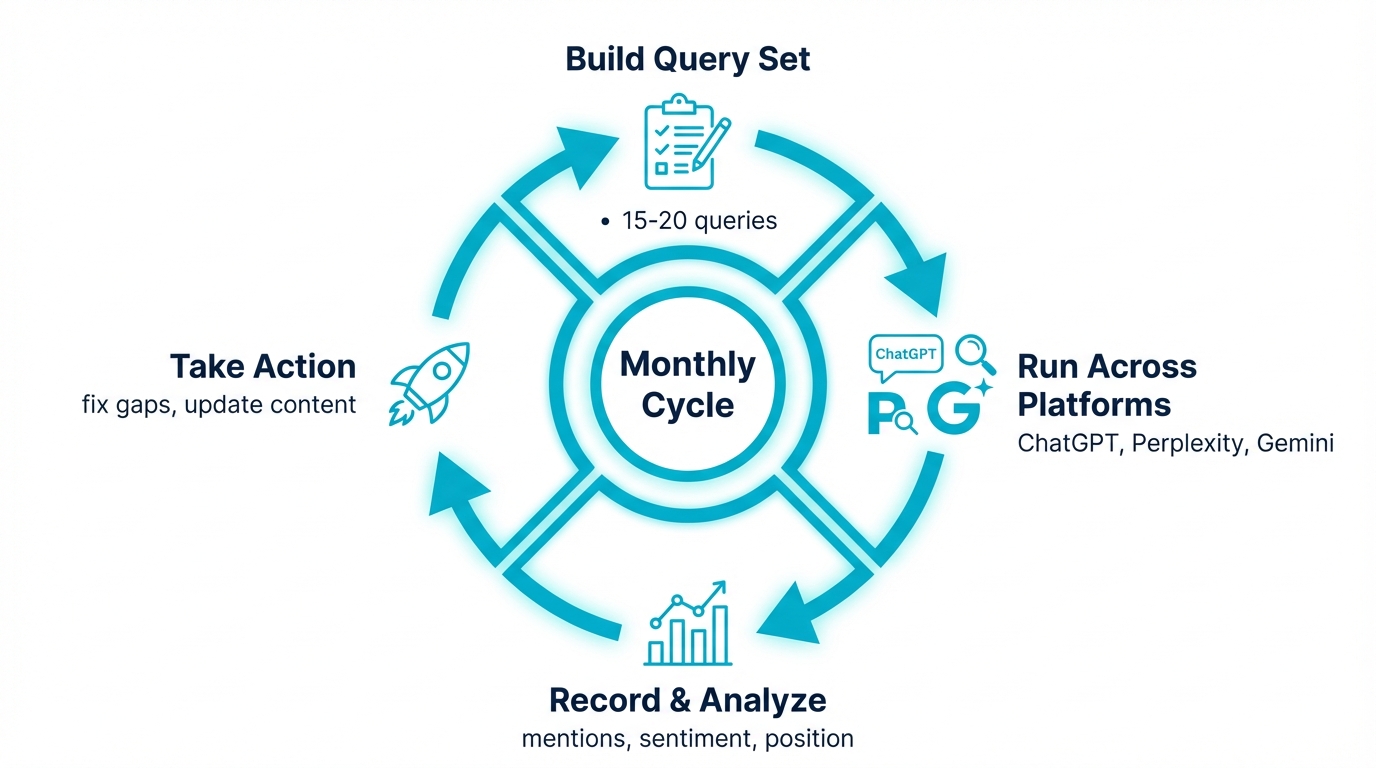 AI brand monitoring workflow: build queries, run across platforms, analyze results, take action