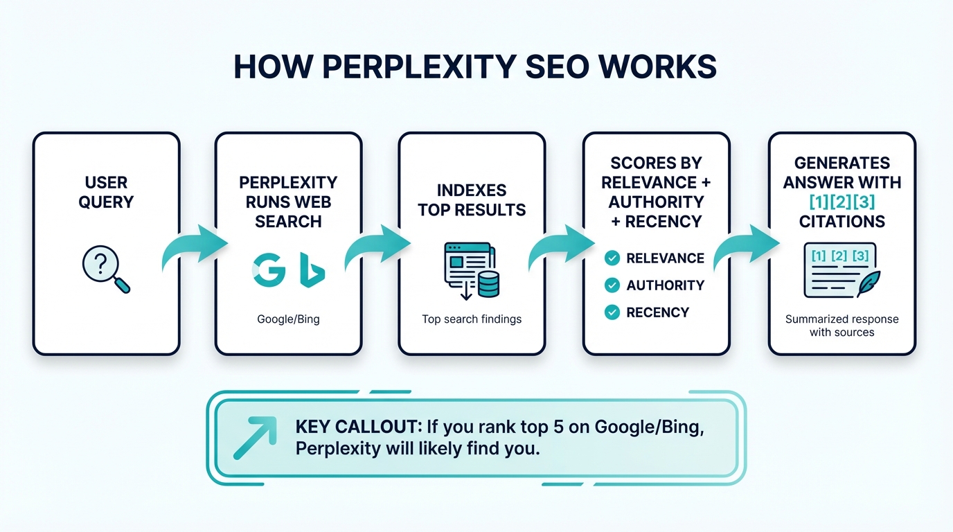 How Perplexity SEO works: query triggers web search, top results scored, answer generated with numbered citations