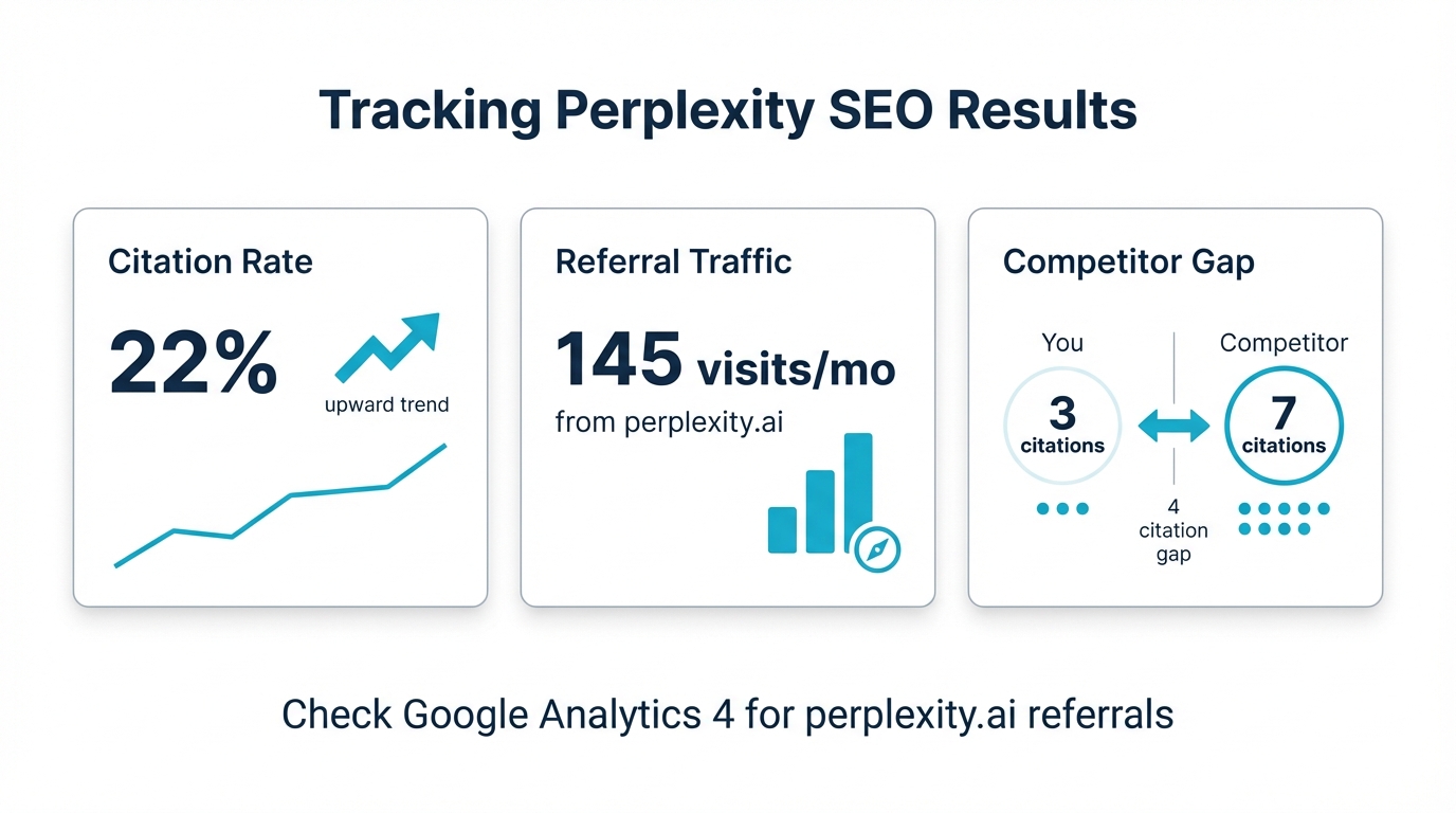 Perplexity SEO tracking dashboard showing citation rate, referral traffic, and competitor gap
