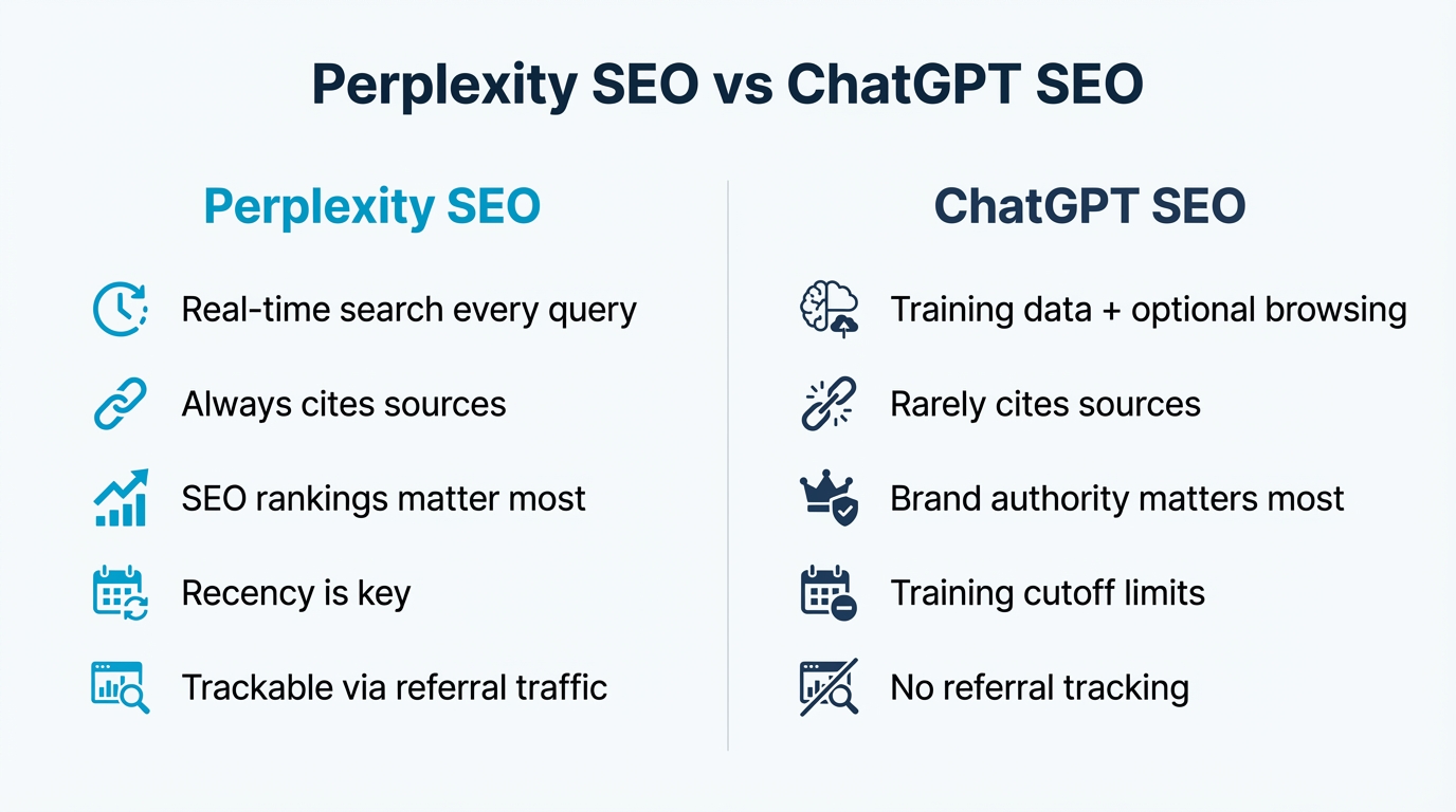 Perplexity SEO vs ChatGPT SEO: real-time search and citations versus training data and brand authority