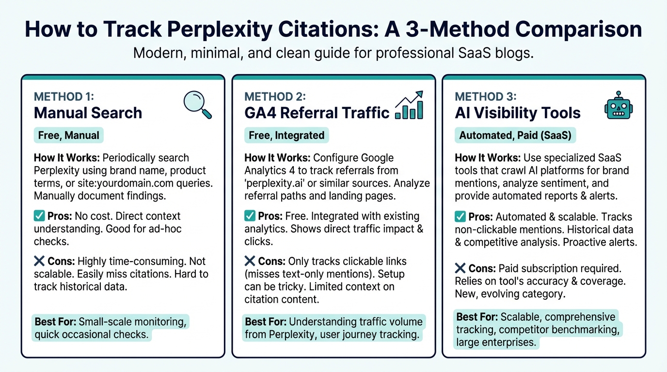 Three methods for tracking Perplexity citations: manual, GA4 referrals, and automated tools