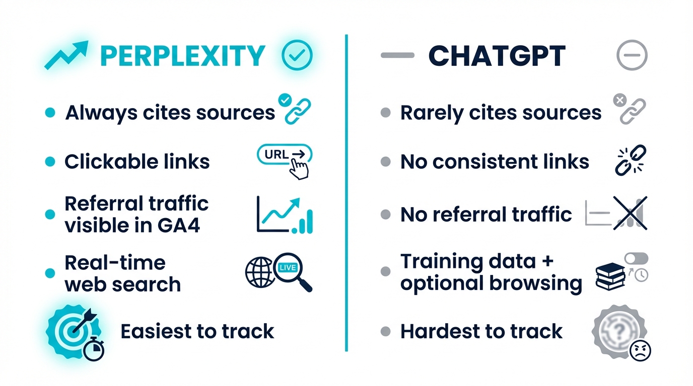 Perplexity vs ChatGPT tracking comparison: Perplexity is transparent with citations while ChatGPT is opaque