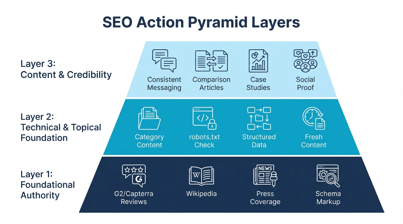 Actionable steps for each layer of the AI Brand Recognition Pyramid