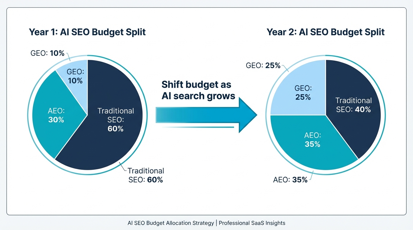 AI SEO budget allocation: Year 1 favors traditional SEO, Year 2 shifts toward AEO and GEO