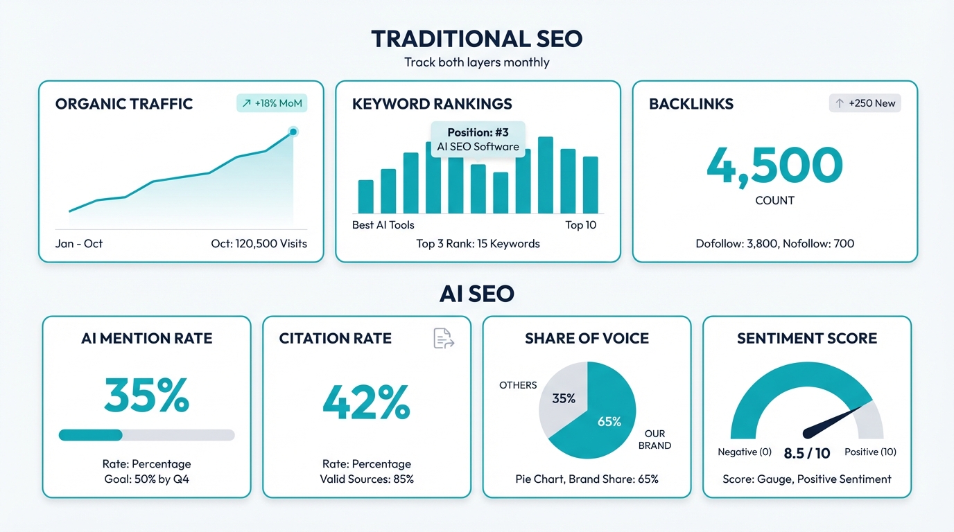 AI SEO KPI dashboard: traditional metrics (traffic, rankings, backlinks) alongside AI metrics (mentions, citations, share of voice)