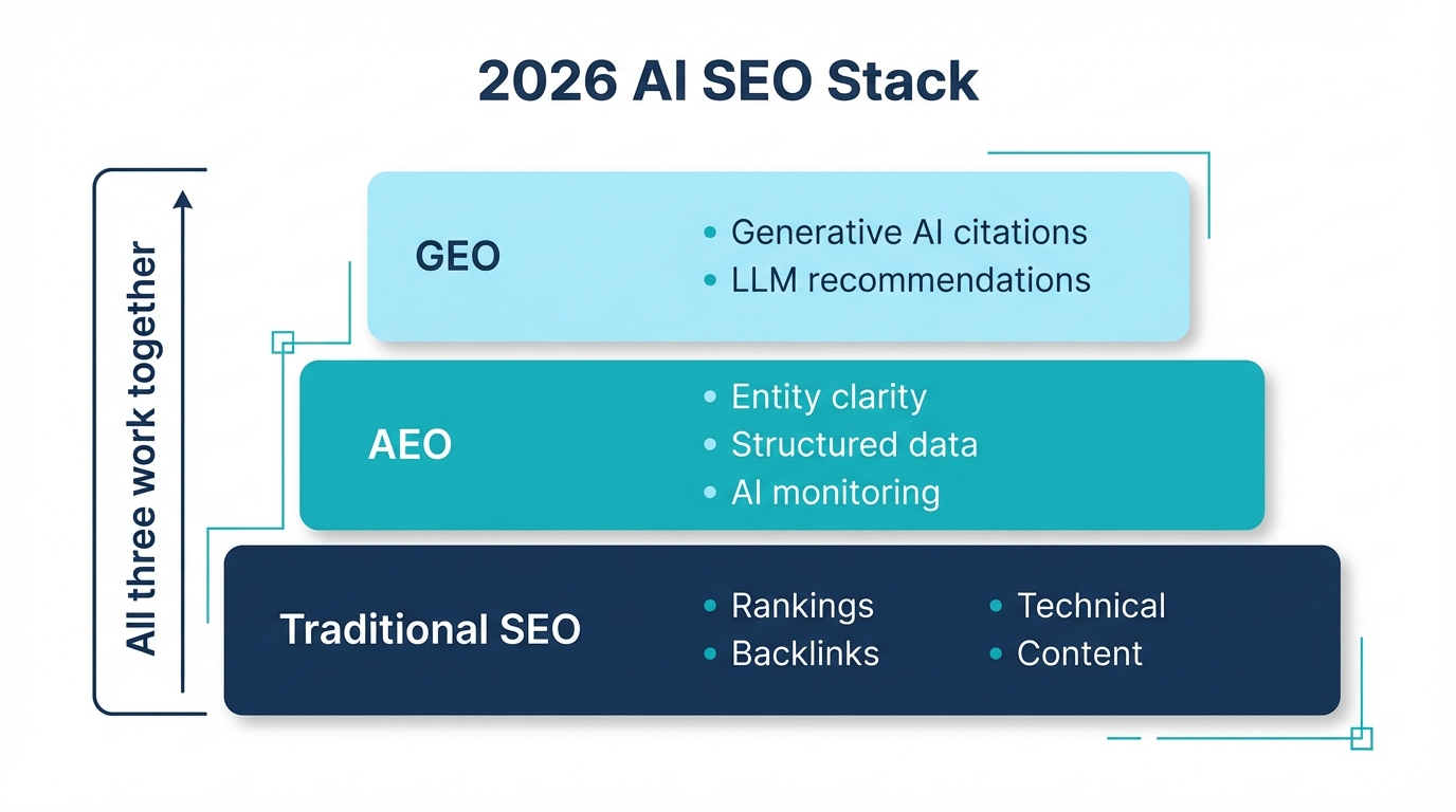 The 2026 AI SEO stack: traditional SEO foundation, AEO middle layer, GEO optimization on top