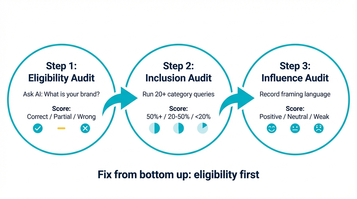 Three-step AI visibility assessment: eligibility audit, inclusion audit, and influence audit