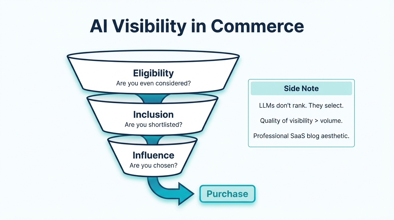 AI visibility commerce funnel: eligibility determines consideration, inclusion determines shortlisting, influence determines selection