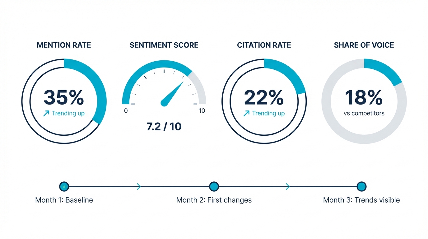 AI visibility metrics dashboard showing mention rate, sentiment, citation rate, and share of voice over time