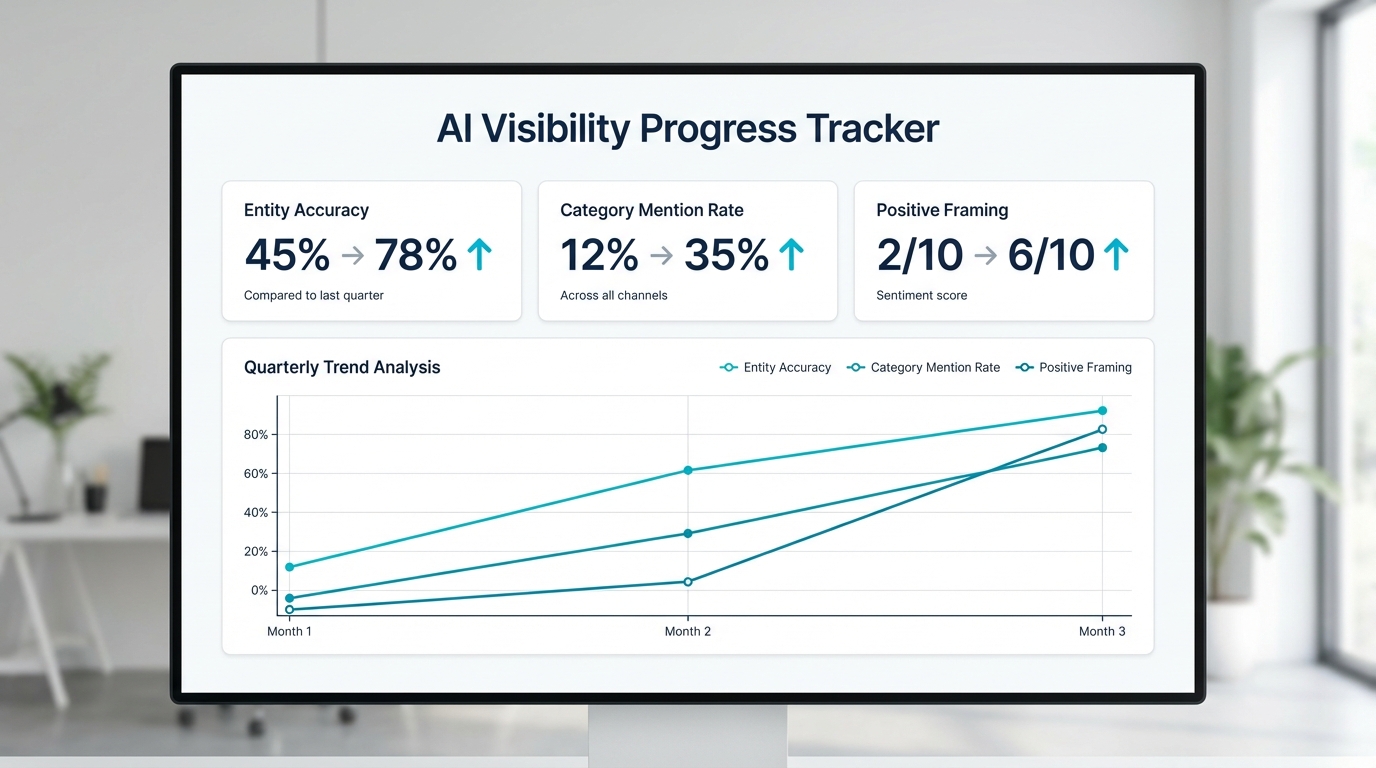 AI visibility progress tracker showing improvement in entity accuracy, mention rate, and positive framing over time